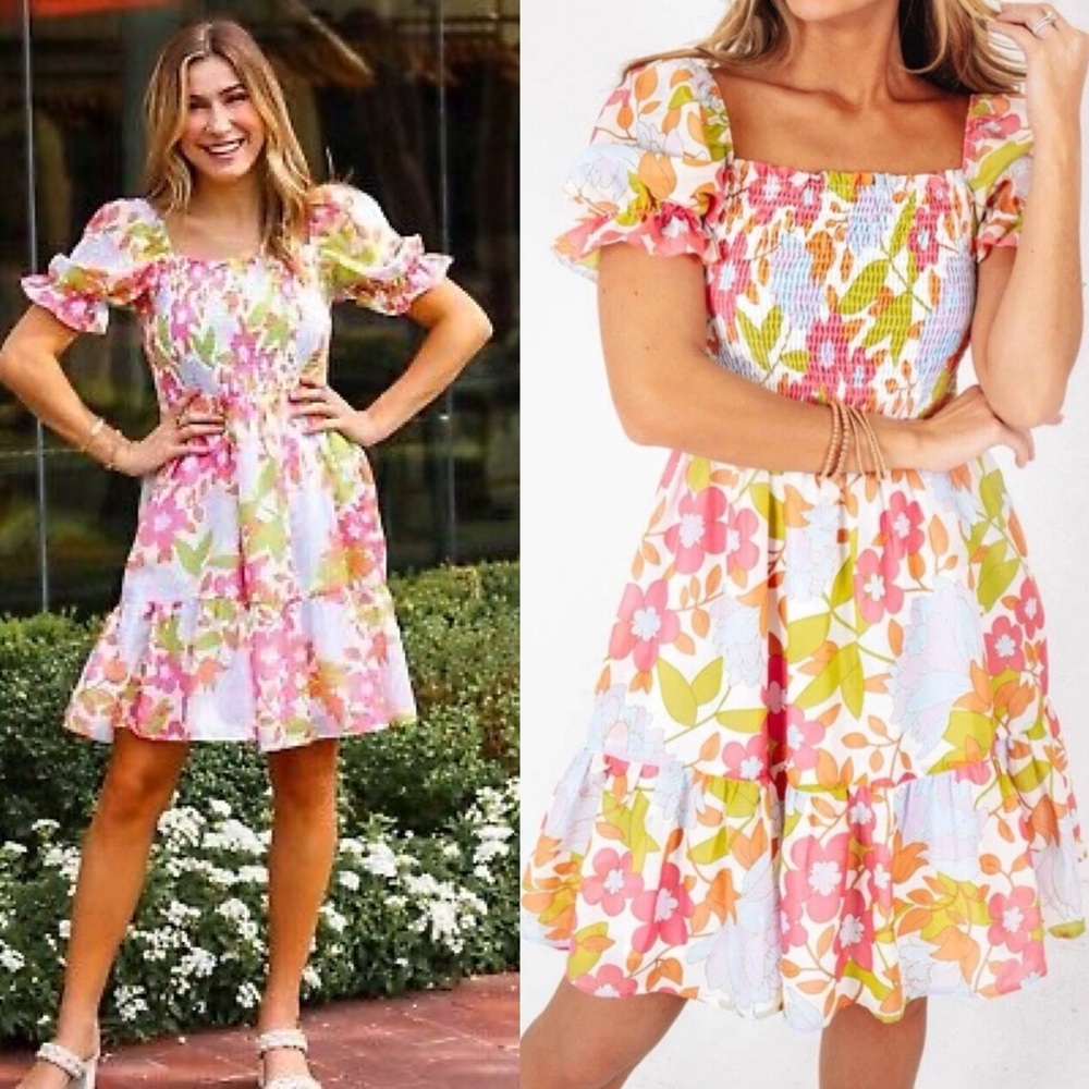 J. Marie Ava Mae Floral Square Neck Ruched Tiered Dress 70’s Boho Sz XS
